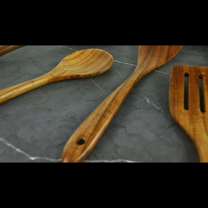 5pcs Wooden Kitchen Utensils Set – Natural Wooden Spoons, Spurtle, Ladle & Wok Spatulas for Non-Stick Pans