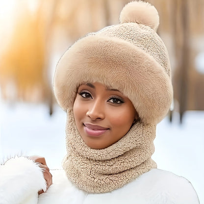 Plush Soft Winter Beanie Hat with Neck and Face Cover - Cozy One-Piece Scarf for Ear Protection, Thick Warm Cycling Hat for Women
