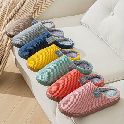 Solid Color Casual Slippers - Plush Lined, Comfortable Slip-On Indoor Shoes