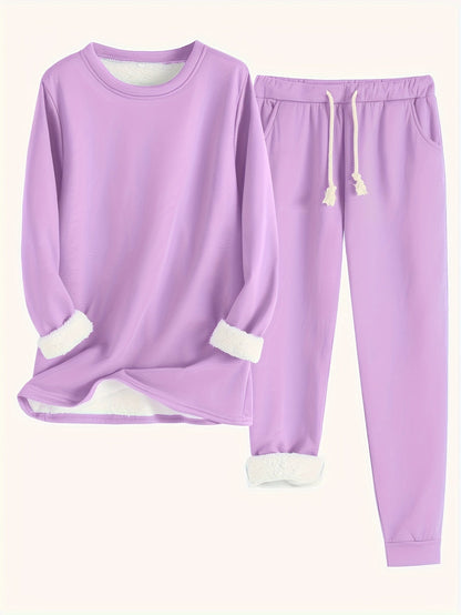 Women's Solid Color Thermal Set – Long Sleeve Sweatshirt & Drawstring Pants Outfit