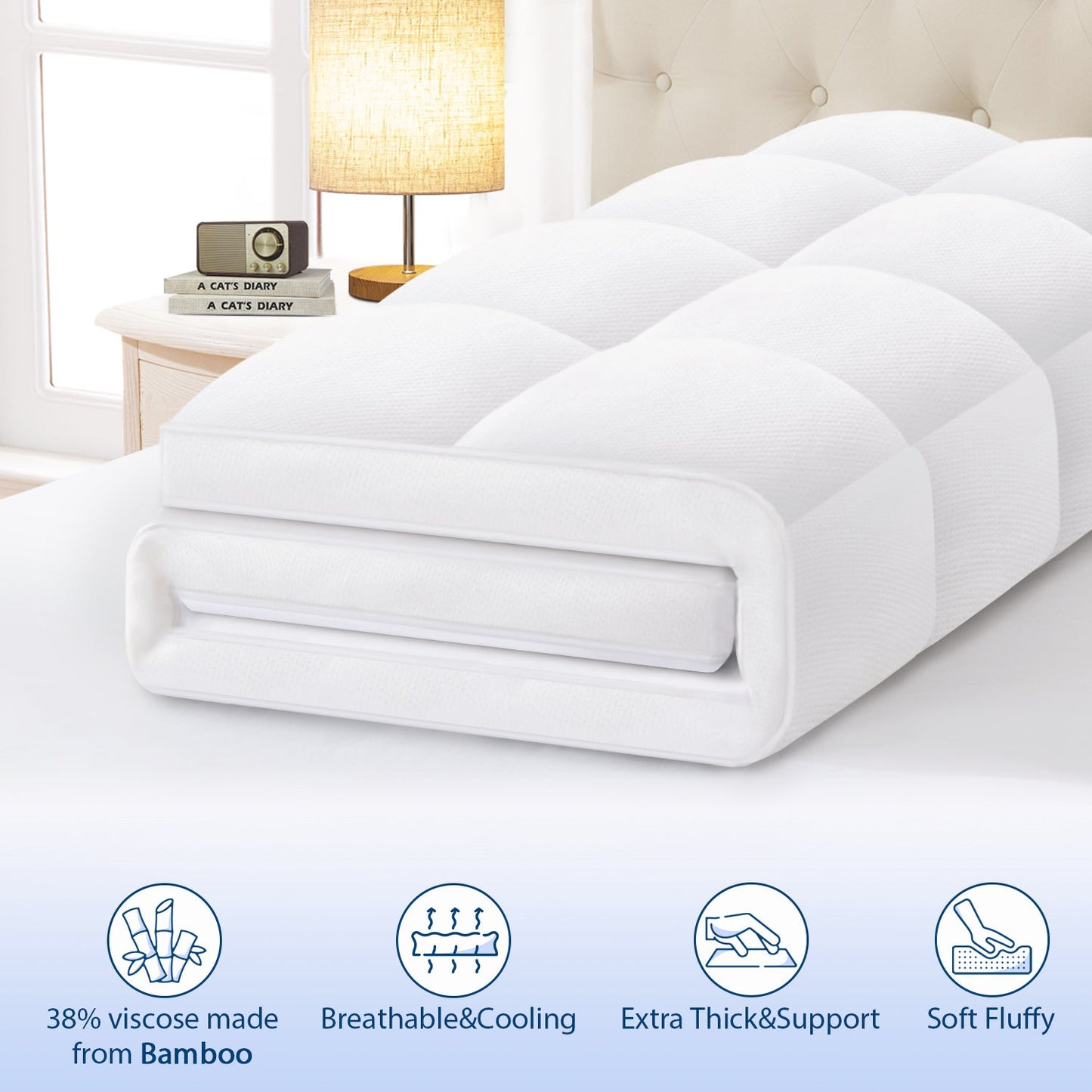 Viscose Bamboo Mattress Topper – Thick Cooling Breathable Pillow Top for Back Pain Relief – Deep Pocket Fits 8-20 Inch Mattresses
