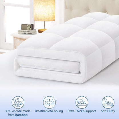 Viscose Bamboo Mattress Topper – Thick Cooling Breathable Pillow Top for Back Pain Relief – Deep Pocket Fits 8-20 Inch Mattresses