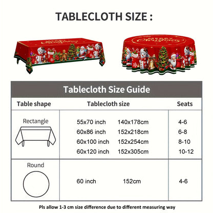 Merry Christmas Tablecloth - Waterproof and Stain-Resistant Polyester with Red and Golden Stars, Santa, Tree, Gingerbread and Snowman Designs, Ideal for Holiday Dining and Decor