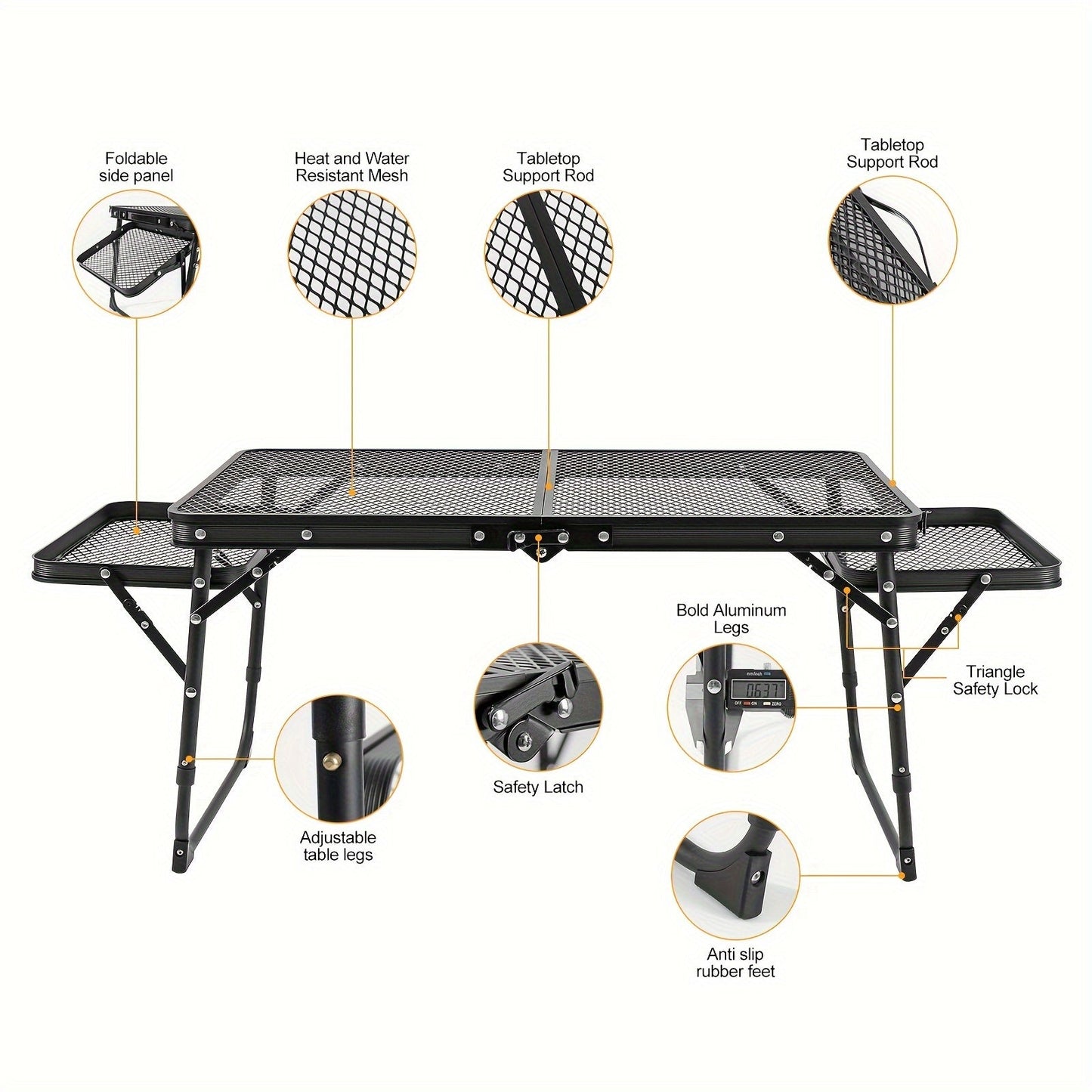 Portable Folding Camping Table with 2 Wing Panels – Height Adjustable, Mesh Desktop, Ideal for Picnic, BBQ, Camping & Beach