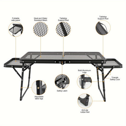 Portable Folding Camping Table with 2 Wing Panels – Height Adjustable, Mesh Desktop, Ideal for Picnic, BBQ, Camping & Beach
