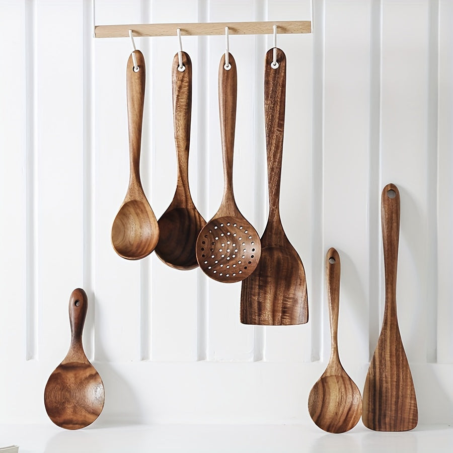 7pcs Premium Teak Wooden Cooking Spoons Set - Ergonomic Non-Stick Spatula with Soft Grip Handle - Perfect for Back to School, Kitchen Essentials, and Culinary Arts