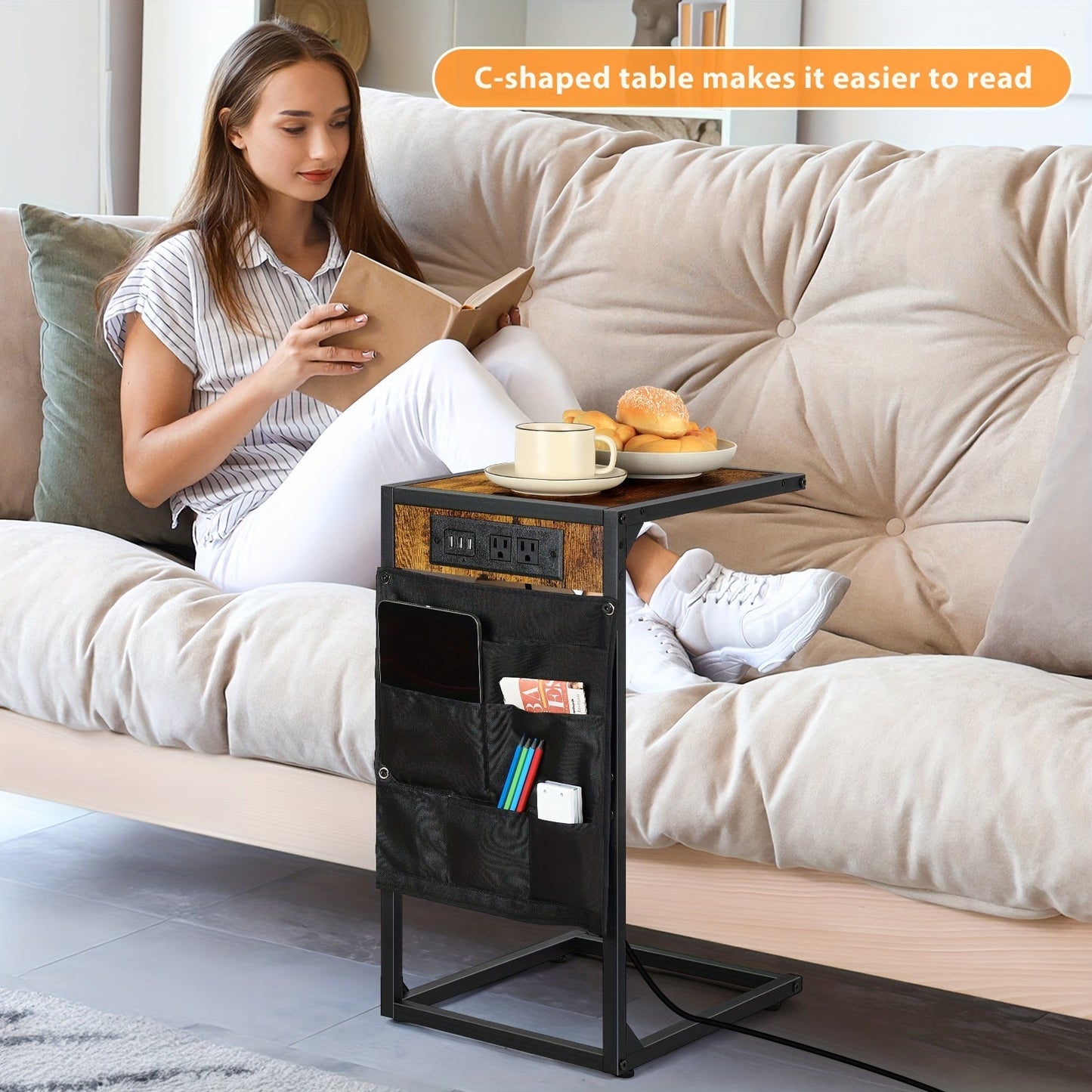 2pcs C-Shaped End Table Set – 50LBS Desktop, Charging Station and Storage Bag, Removable & Slide-Under-Sofa Design – Ideal for Living Room, Bedroom