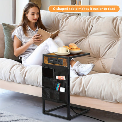 2pcs C-Shaped End Table Set – 50LBS Desktop, Charging Station and Storage Bag, Removable & Slide-Under-Sofa Design – Ideal for Living Room, Bedroom