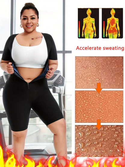 Women's Plus Size Zipper Short Sleeve Sweat Jumpsuit – Running Sweat Fitness Yoga Body Shaper Tunic with Butt Lifting Design
