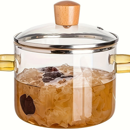 54.1oz Borosilicate Glass Pot with Lid – Heat-Resistant, Stovetop and Microwave Safe Cooking Pot for Soup, Milk, Porridge, with Dual Yellow Handles
