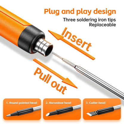 Mini Cordless Soldering Iron Kit - USB Rechargeable with Digital Display, 3 Temperature Settings, for Jewelry Crafting and DIY Projects - Orange and Dark Grey