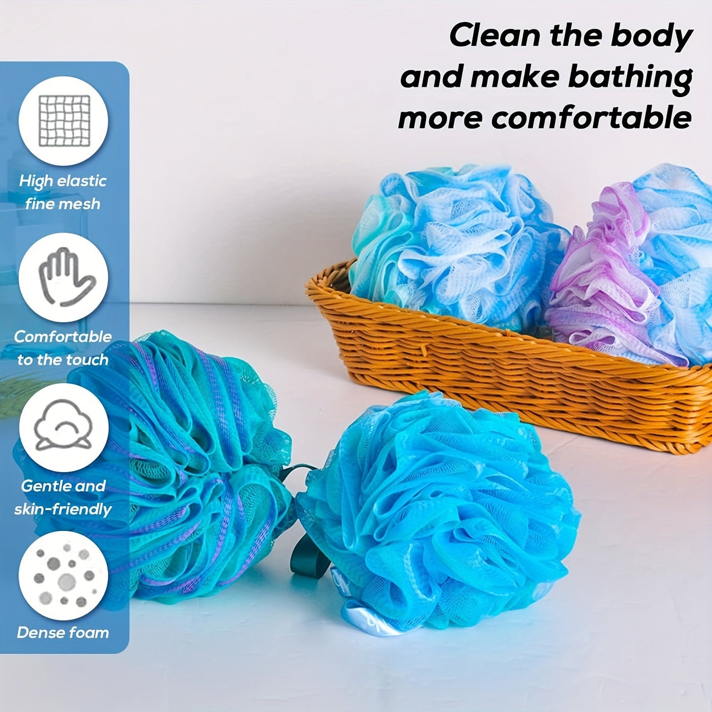Set of Flower Loofah Sponges - Gentle Mesh Pouf Exfoliating Body Scrubbers with Hanging Ribbon, Skin-Friendly Bath Tools for Men and Women