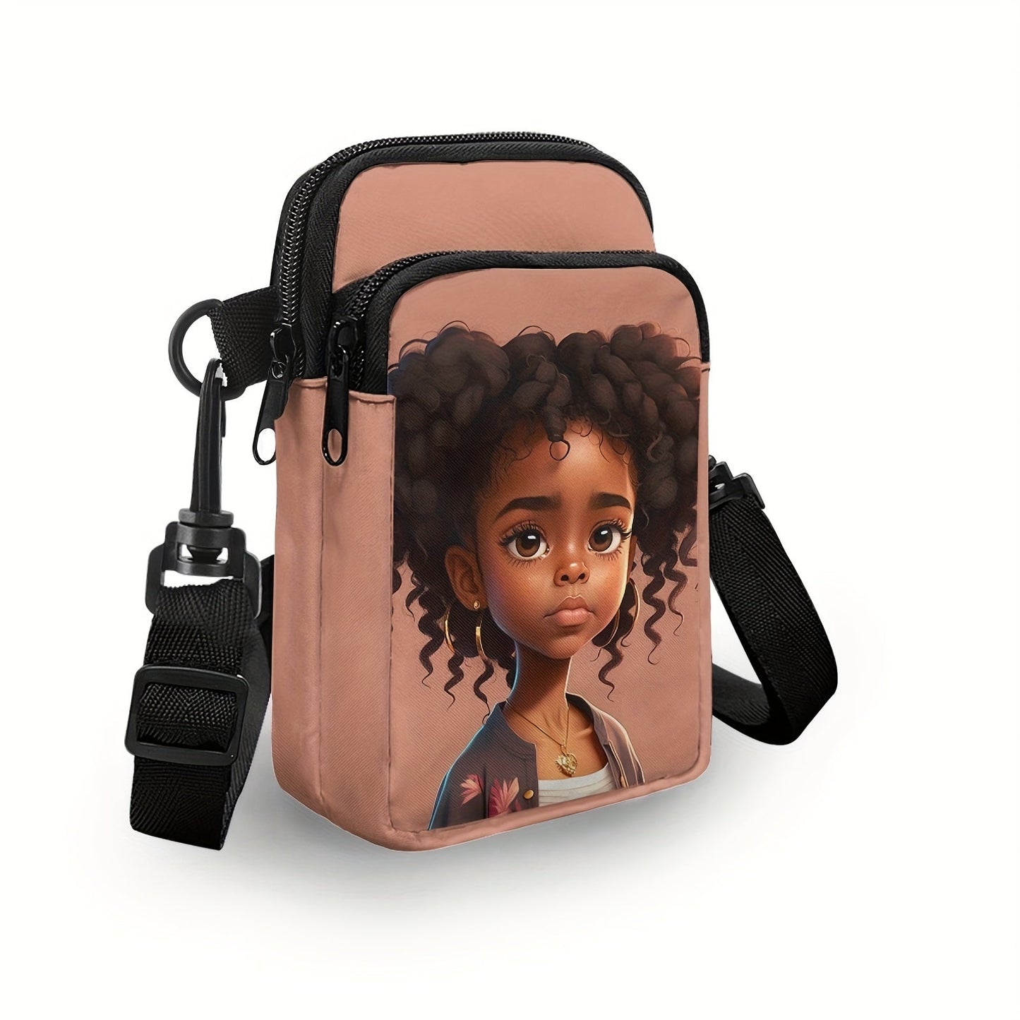 Chic African Girl Print Crossbody Bag - Trendy, Lightweight Double Layer with Adjustable Strap and Zip Closure for Daily Use