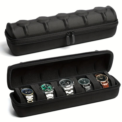 5 Slot Watch Travel Case - Hardshell Storage Organizer Box for Men and Women's Watches with Soft Foam Pillow and Handle