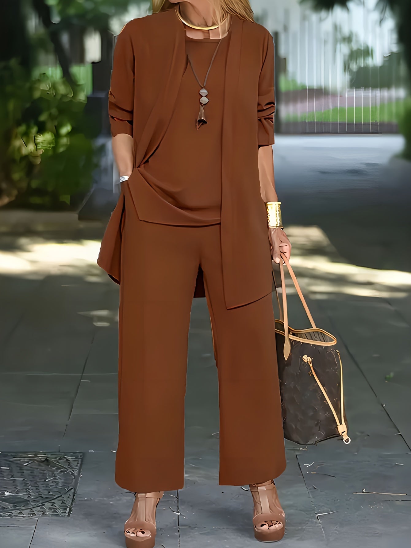 Casual Three-Piece Solid Set – Long Sleeve Cardigan, Top, and Long Pants Outfit for Women