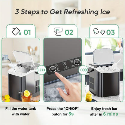 Countertop Ice Maker – Nugget Portable Ice Machine, 9 Bullet Ice Cubes in 6 Minutes, 26.5lbs in 24 Hours, Self-Cleaning with Handle, Basket, Scoop for Home, Kitchen, Party, Camping, RV