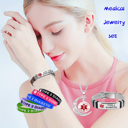 Medical Jewelry Bracelet & Necklace Set – 3 Piece Stainless Steel ID Jewelry for Diabetes, Penicillin Allergy, Asthma & Blood Thinner Awareness with Star of Life Symbol