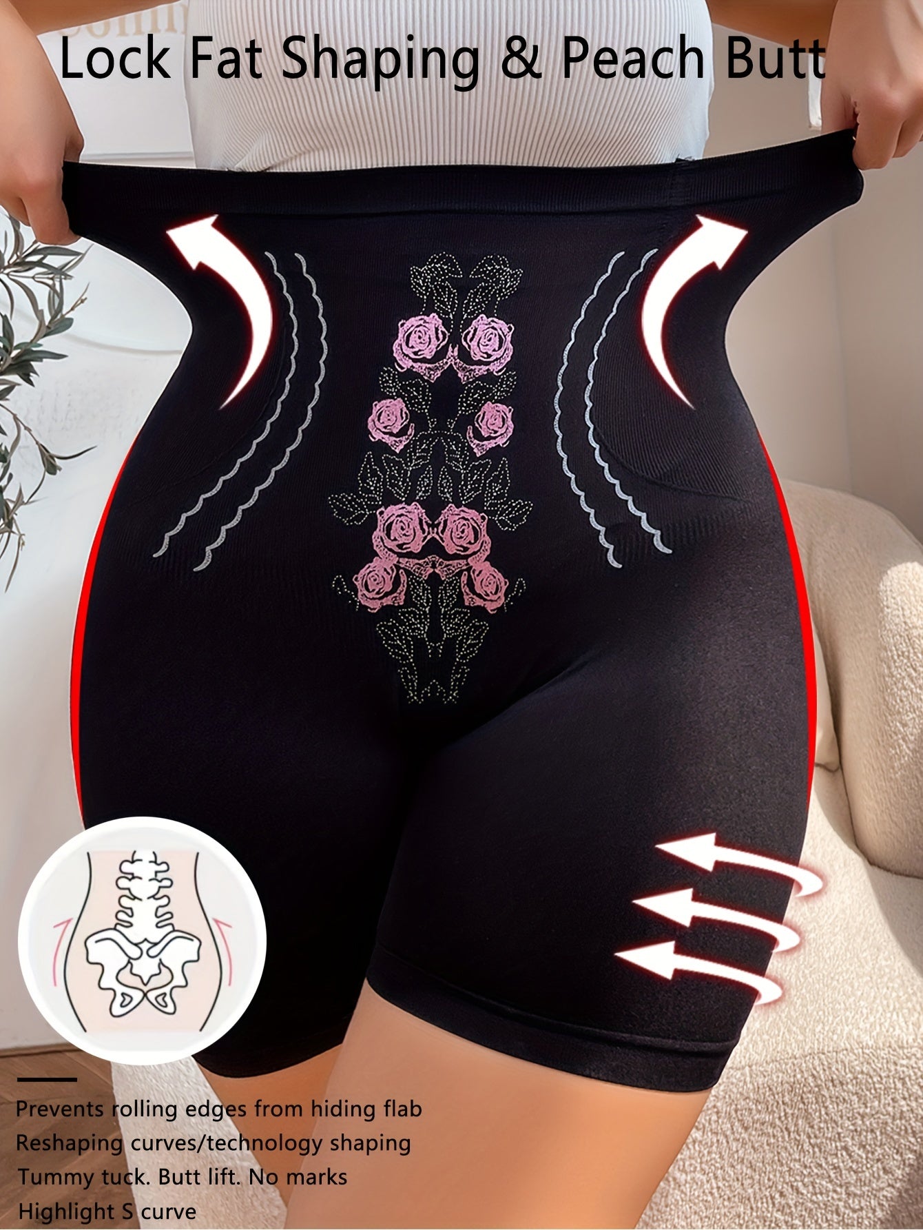 Women's Plus Size Elegant Shapewear Shorts - Floral Print High Waist Tummy Control Compression Slimming Shorts