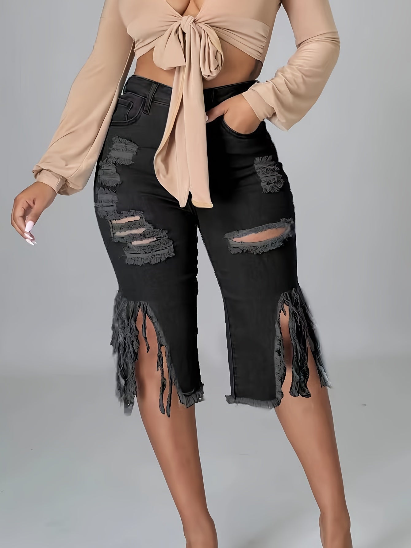 Women's Casual Distressed Denim Midi Shorts – Raw Fringe Hem, Ripped Split Detail – Fashionable Summer Jorts