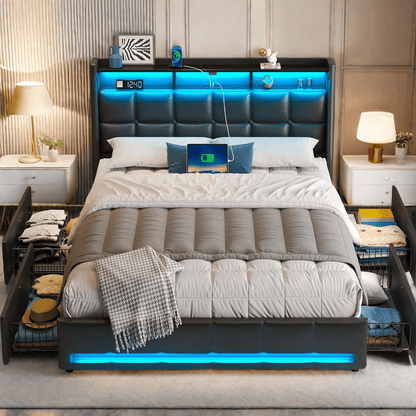 Twin Full Queen Bed Frame with LED Lighting and Charging Station - PU Leather/Neutral Linen Storage Headboard, Drawers, Heavy Duty Wood Slats, Easy Assembly - Modern Bedroom Furniture Upgrade