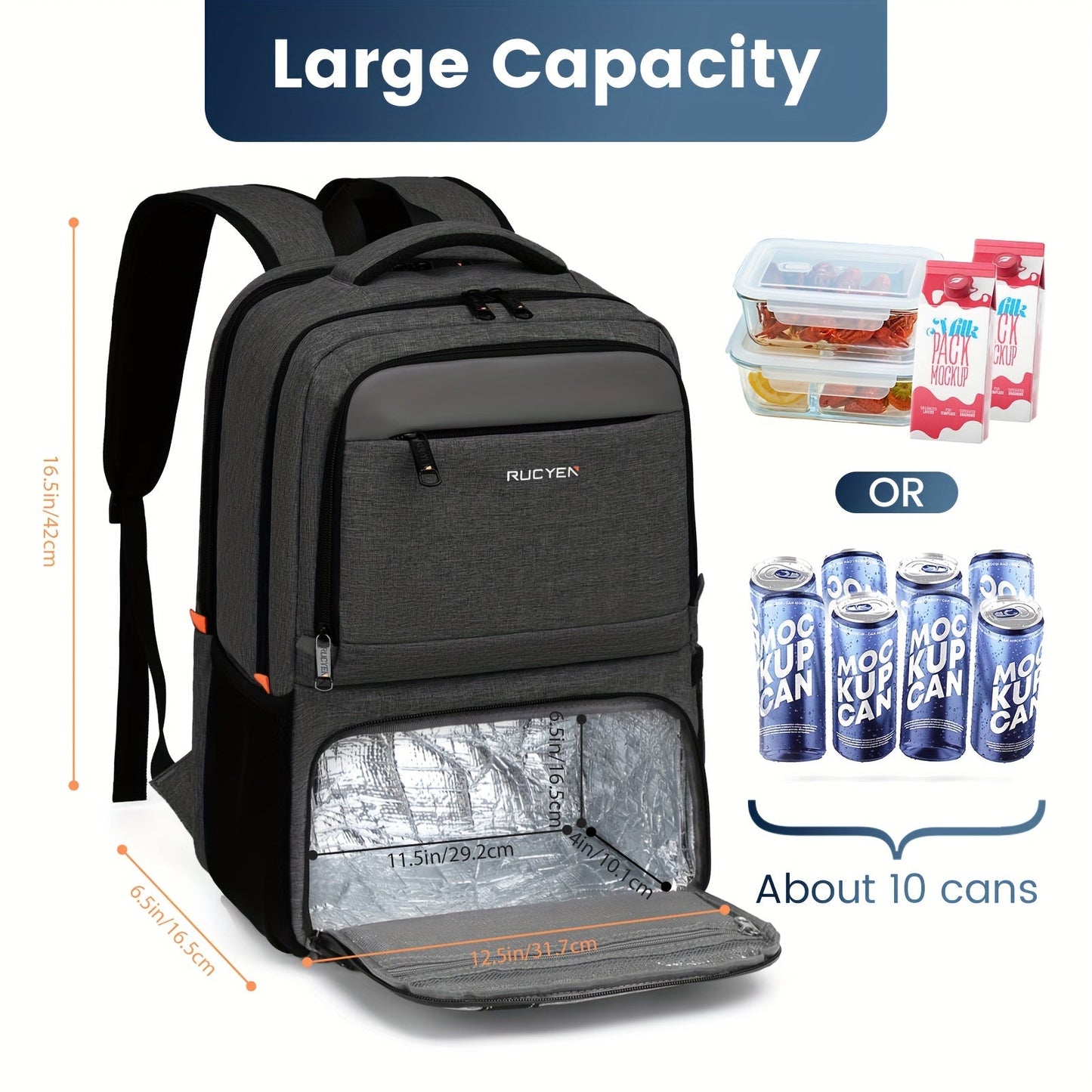 RUCYEN Insulated Lunch Backpack - Cooler Lunch Box for Men & Women, 15.6" RFID Blocking Laptop Backpack with USB Port for Work, Travel, Picnics and Hiking