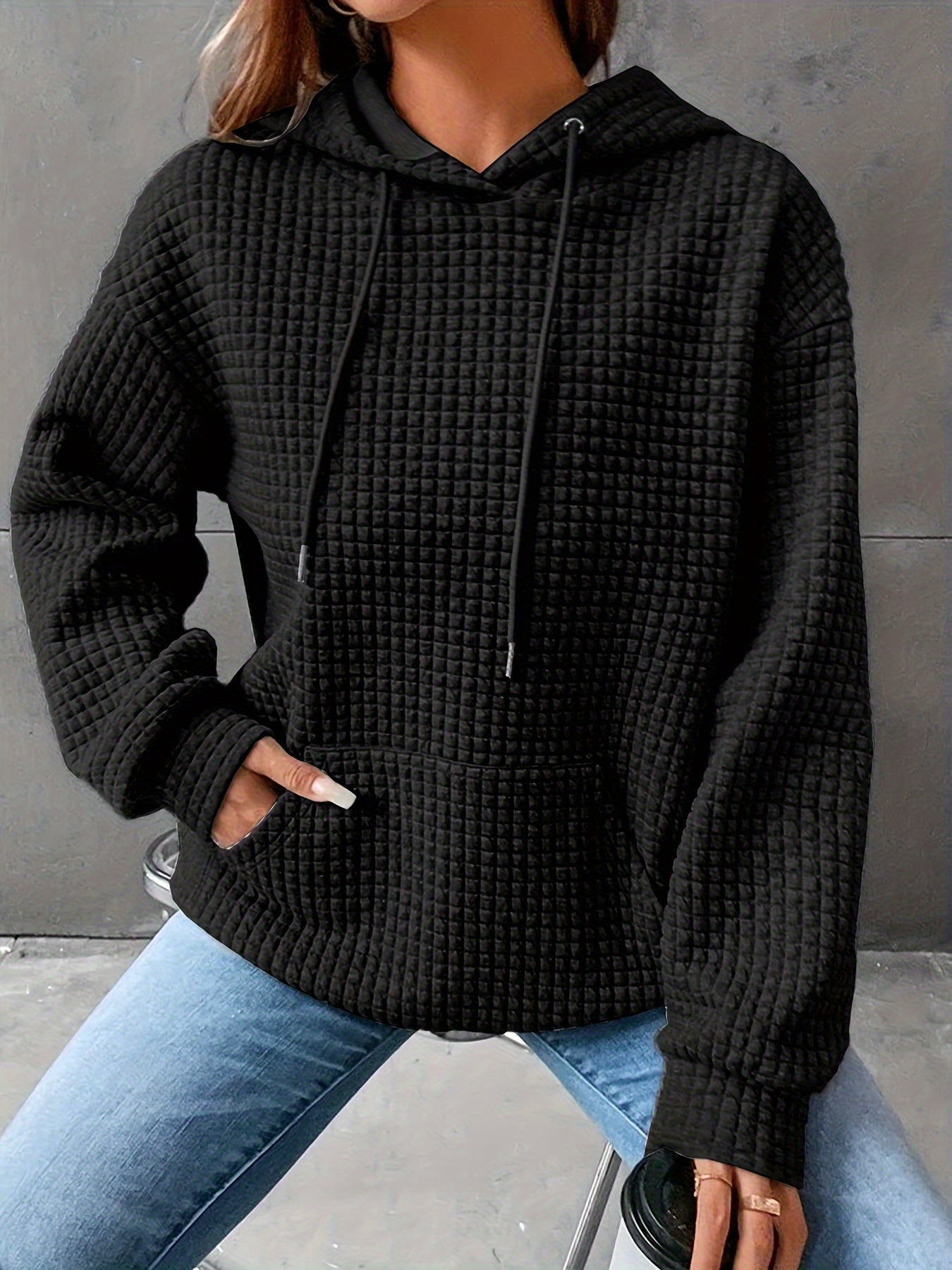 Plus Size Casual Hooded Sweatshirt for Women – Solid Waffle Pattern, Long Sleeve, with Drawstring and Pockets