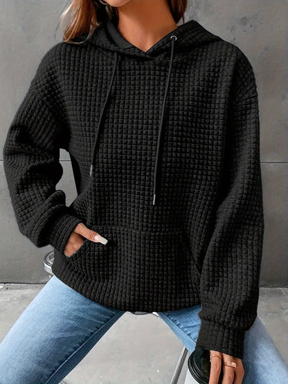 Plus Size Casual Hooded Sweatshirt for Women – Solid Waffle Pattern, Long Sleeve, with Drawstring and Pockets
