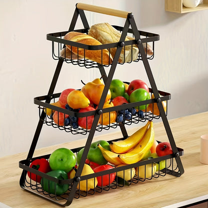 Countertop Fruit and Vegetable Basket – Removable Bowl Storage with Wooden Handle – Kitchen Preservation Holder and Accessories