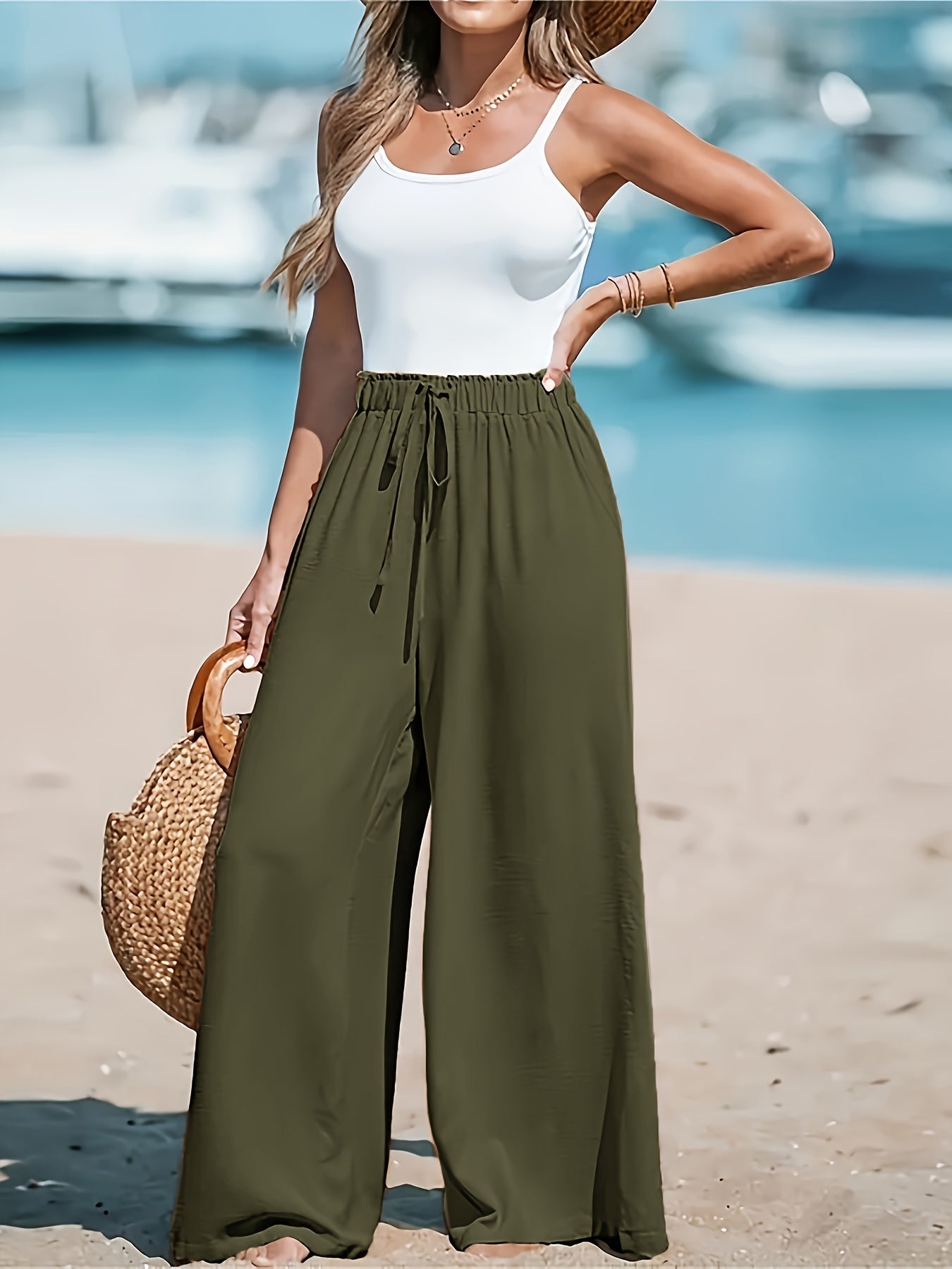 Solid Wide Leg Pants – Elegant Loose Fit with Fake Drawstring – Women's Clothing