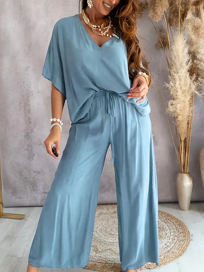 Women's Elegant Solid Color Knit V-Neck Half Sleeve Top and Wide Leg Pants Set – Micro Elasticity, Polyester Fabric, Spring/Summer Casual Outfit