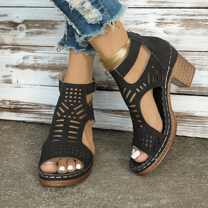 Chic Hollow-Out Wedge Sandals with Thick Sole & Zip Closure - Comfortable Summer Footwear
