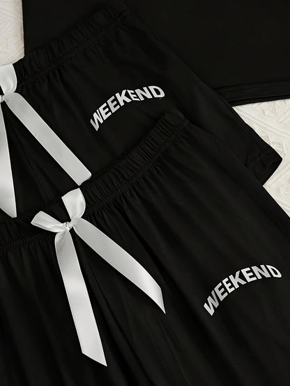 Women's 3-Piece Pajama Set – Simple Short Sleeve Sleepwear with 'WEEKEND' Print, Comfy Casual Loungewear