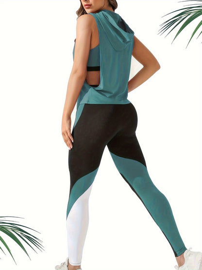 3 Piece Sports Set – Color Block Sports Bra, Drawstring Hooded Tank Top, and Leggings, Women's Activewear