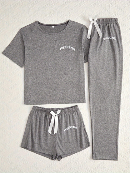 Women's 3-Piece Pajama Set – Simple Short Sleeve Sleepwear with 'WEEKEND' Print, Comfy Casual Loungewear