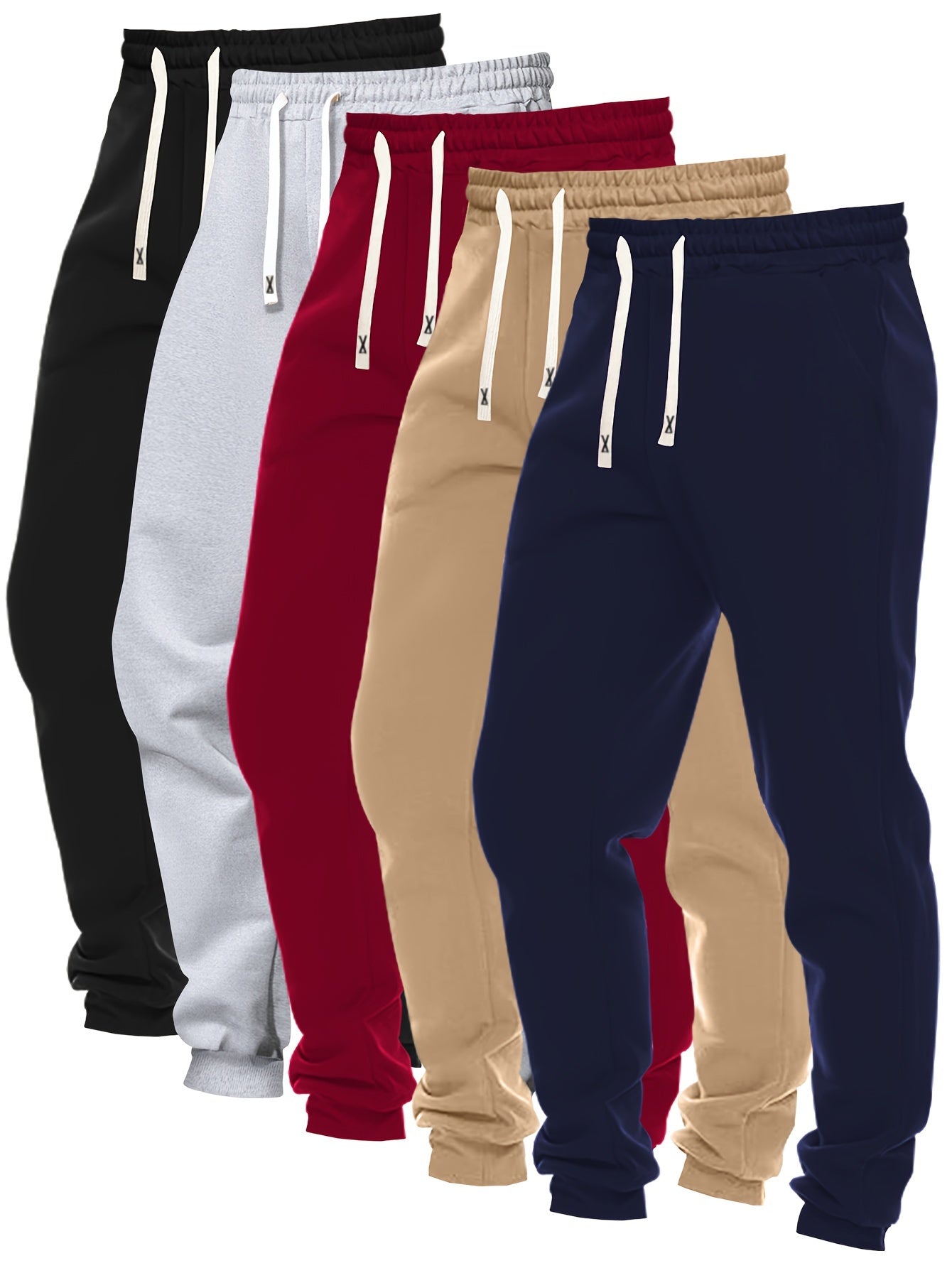 5pcs Men's Solid Color Sweatpants Set: Regular Fit, Cuffed with Drawstring & Pockets, Casual Trousers for Jogging & Outdoor Sports
