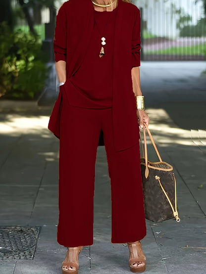 Casual Three-Piece Solid Set – Long Sleeve Cardigan, Top, and Long Pants Outfit for Women