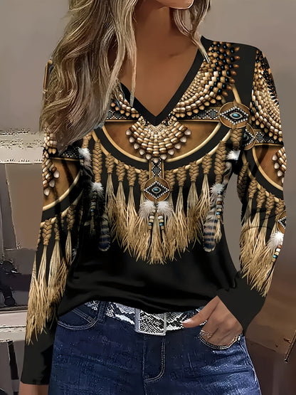 Tribal Print V-Neck T-Shirt - Casual Long Sleeve Top for Spring & Fall, Women's Clothing