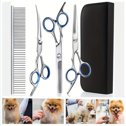 Dog Grooming Scissors Kit - Professional Pet Cleaning & Grooming Set with Safety Round Tip Stainless Steel Shears for Dogs & Cats