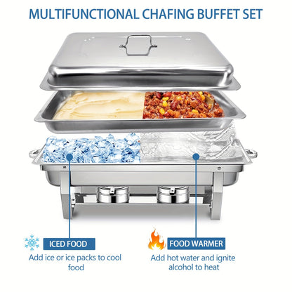 8QT Rectangle Stainless Steel Chafing Dish Buffet Set - Food Warmer Kit with Lids, Pans, and Fuel Holders - Durable, Easy-to-Clean for Restaurant, Catering, Parties, and Weddings