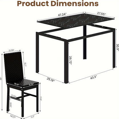 5 Piece Modern Luxurious Dining Room Table Set - Tempered Glass Top, Metal Frame, Faux Leather Chairs, Counter Height for 4 Person Breakfast Nook