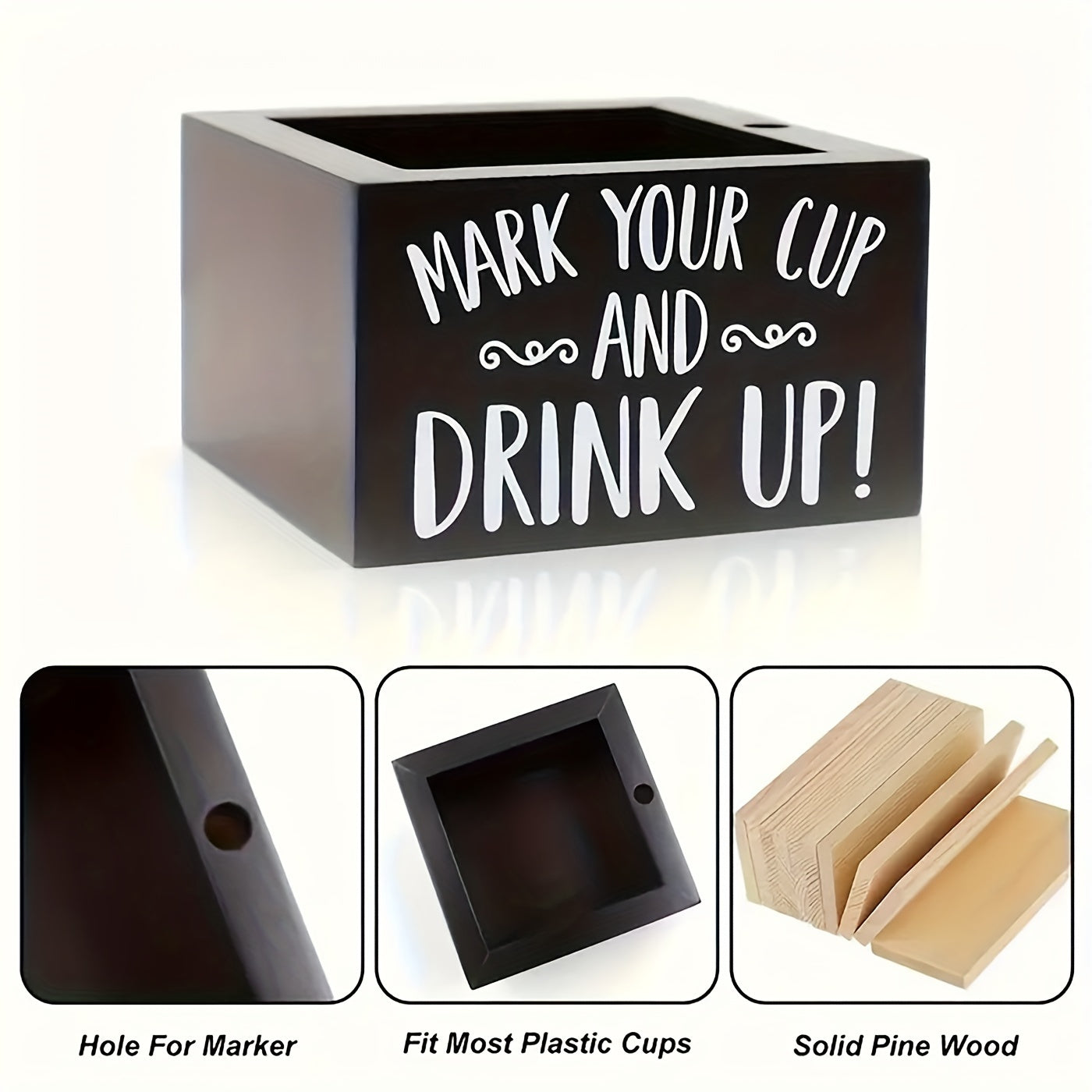 Rustic Wooden Cup Holder with Marker Slot - Ideal for Coffee Shops, Bars, and Parties, Fits Most Plastic Cups, Decorative Drink Dispenser with Utility Hooks