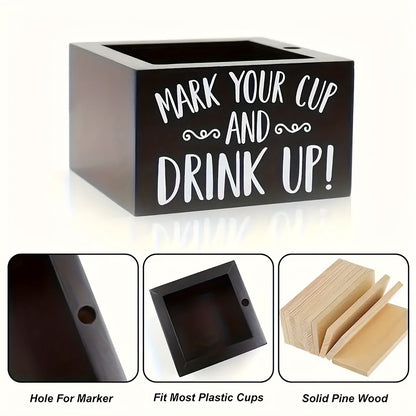 Rustic Wooden Cup Holder with Marker Slot - Ideal for Coffee Shops, Bars, and Parties, Fits Most Plastic Cups, Decorative Drink Dispenser with Utility Hooks