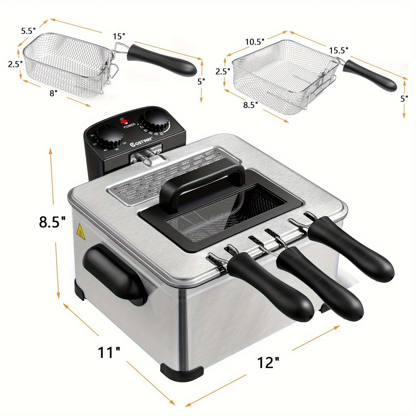 21-Cup Extra-Large Electric Deep Fryer - Stainless Steel Body, 1700W Power, Triple Basket for Easy Frying, Cooking, and Serving