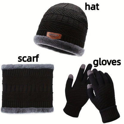 3 Pcs Knit Hat, Neck Warmer and Gloves Set - Thermal Letter Patched Cuff Beanie, Fleece Scarf, and Full Finger Winter Gloves for Men and Women