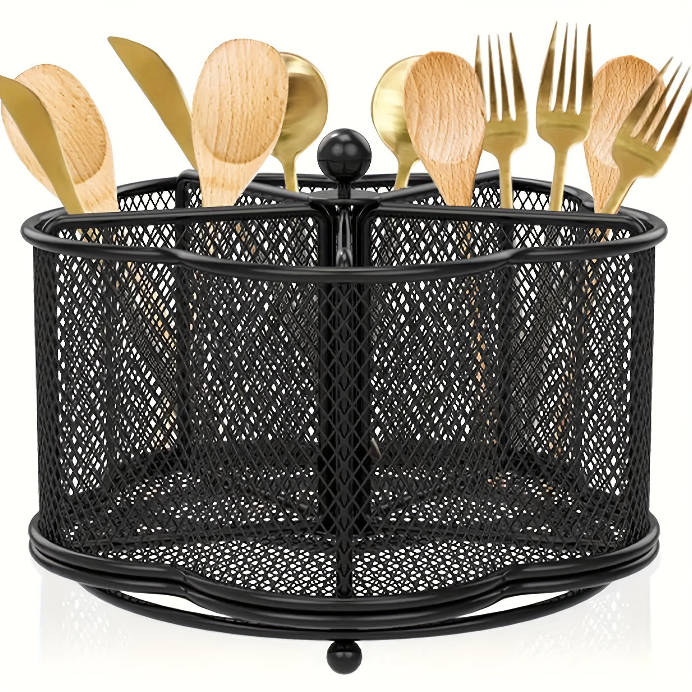 360° Rotating Metal Kitchen Utensil Holder – 5 Compartment Cutlery Organizer for Kitchen & Dining Tables