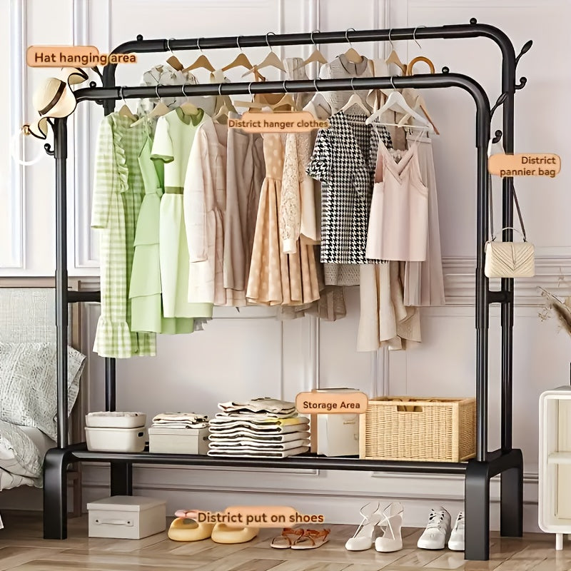 Adjustable Metal Clothes Rack – Heavy-Duty Hanging Organizer with Top Rod and Lower Storage Shelf, Black, for Bedroom and Living Room