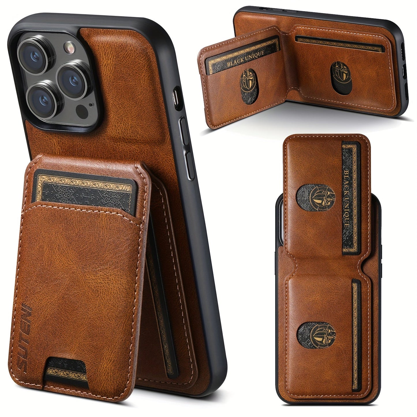 Suteni Luxury PU Leather Card Holder Phone Case - Compatible with iPhone 15 Pro Max, 14 Plus, 13, 12, 11, XR, XS Max