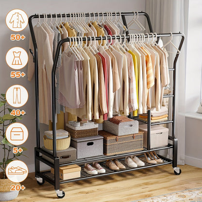 Heavy Duty Double Rod Clothes Rack – 255LBS Capacity, Metal Rolling Closet Rack with Wheels for Hanging Clothes, Laundry Storage Organization