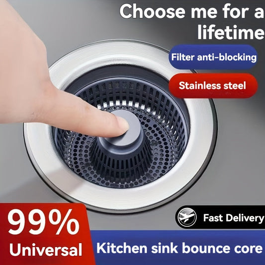 Stainless Steel Kitchen Sink Strainer – Anti-Clogging Bounce Core, Press Type Basket Waste Plug, Rust-Proof and Leak-Proof Drain Filter