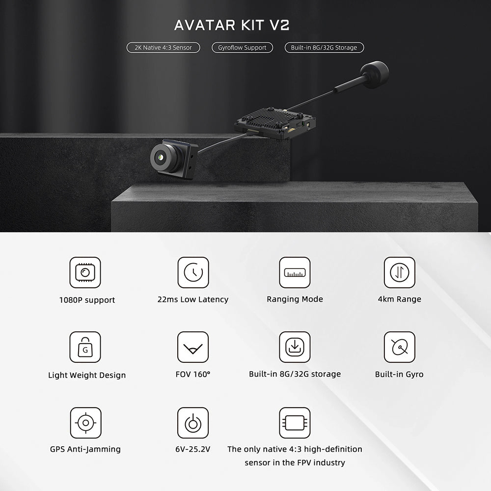 CADDX Walksnail Avatar HD Pro Kit V2 – FPV HD Kit with Gyroflow 8G/32G Camera for DJI